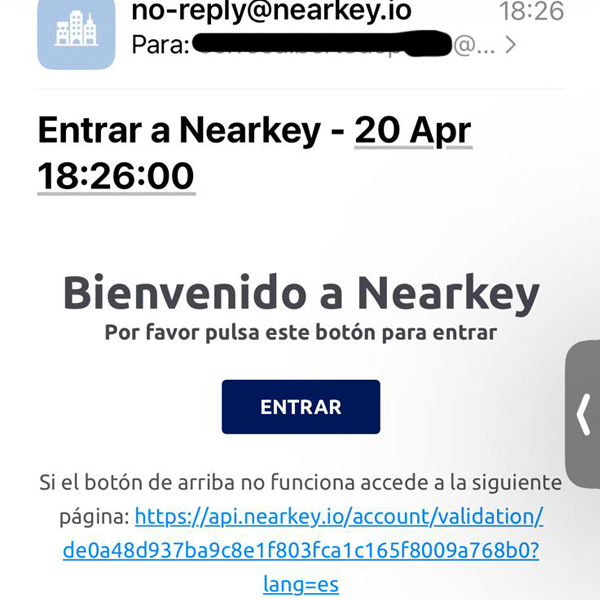 Botón Entrar recibido por correo en Nearkey